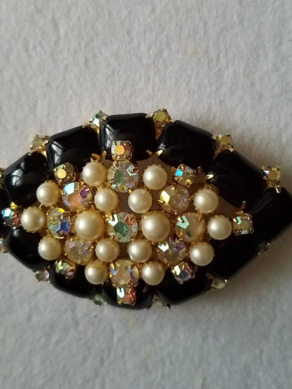 Vintage Black Glass with Faux Pearls and Rhinestone Domed Brooch